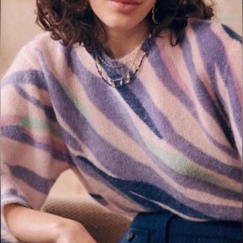 NWT Sezane Chessy Sweater Zebra Pastel Print Purple Blue French Knit - Picture 3 of 8